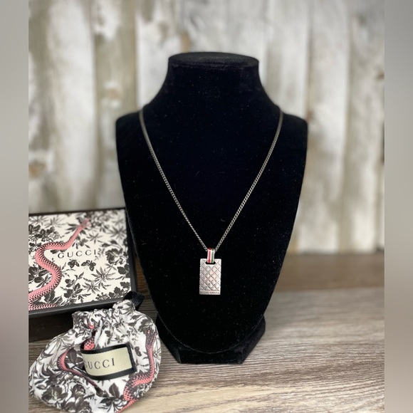 Vintage Gucci Stripes Diamantissima Tag Plate 925 Silver Pendant Chain Necklace - Picture 6 of 12